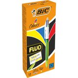 BIC 4 Kleuren Fluo Uitschuifbare Balpennen - Doos van 12 Stuks - 1Zwarte 1Blauwe 1Rode Punt van 1 mm en 1Fluorescerende Gele Punt van 1.6 mm