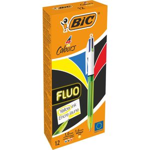 BIC 4 Kleuren Fluo Uitschuifbare Balpennen - Doos van 12 Stuks - 1Zwarte 1Blauwe 1Rode Punt van 1 mm en 1Fluorescerende Gele Punt van 1.6 mm