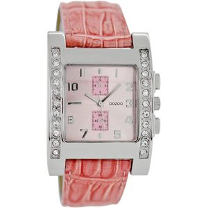 OOZOO Timepieces - Zilverkleurige horloge met roze leren band - C5435