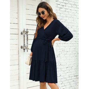 Zwangerschapsjurk Voor Dames Met V-Hals, Driekwartmouwen, Voedingsjurk Met Ruches En Riem Donkerblauw S