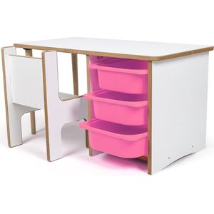Industrial living kindertafel met 3 roze opberglades - Kinderbureau - Tekentafel met kinderstoel - Activiteitentafel - Speeltafel - Wit - Hout