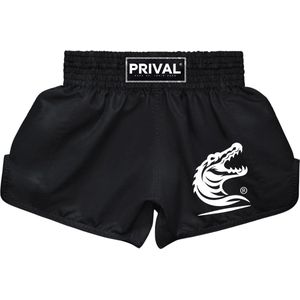 PRIVAL Kickboksbroek - XS – Muay Thai Shorts – Unisex – Lichtgewicht & Ademend – Zwart met Logo – Comfortabele Pasvorm voor Training & Wedstrijd