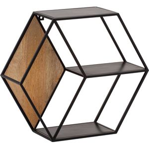 Zeshoekige wandplank - industriële stijl - massief hout - metaal - drie planken - handgemaakt - uniek - 60 cm x 52 cm x 20 cm - mangohout - gepoedercoat ijzer - wandmontage - modern design - decoratief - plantendisplay - gemakkelijk schoon te maken