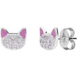 Lucardi - Kinder Zilveren Oorknoppen Poes Emaille Roze - Oorbellen - 925 Zilver - Zilverkleurig