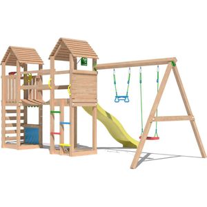 Jungle Gym speeltoestel van douglas hout - Jungle Haven met gele glijbaan - Tuin speeltoestel voor buiten met zandbak en schommels