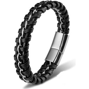 Victorious Leren Armband Heren – RVS Roestvrij Staal – Zilver/Zwart – 22.5cm