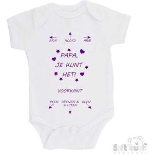 100% katoenen Romper ""Arm - Hoofd - Arm - Papa, je kunt het! - Been - Openen & Sluiten - Been"" Meisjes Katoen Wit/paars Maat 56/62