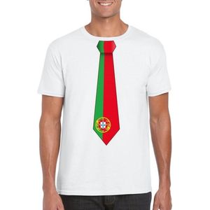 Wit t-shirt met Portugal vlag stropdas heren S