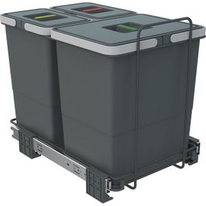 ECOFIL - Afvalbak - Diepgrijs - 18+8+8L - Volledig Uittrekbaar - Bodembevestiging vanaf Kastbreedte 40cm