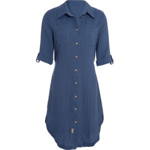 Knit Factory Kim Dames Blousejurk - Lange blouse dames - Blouse jurk donkerblauw - Zomerjurk - Overhemd jurk - S - Jeans - 100% Biologisch katoen - Knielengte