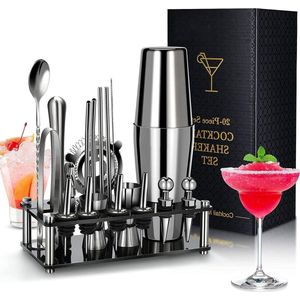 Cocktailset 20-delige Boston RVS Barman Kit met Acryl Stand en Cocktail Recepten Boekje - Professionele Bar Gereedschap voor Drinken Mix.