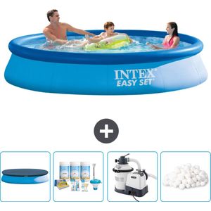 Intex Rond Opblaasbaar Easy Set Zwembad - 366 x 76 cm - Blauw - Inclusief Afdekzeil - Onderhoudspakket - Zwembadfilterpomp - Filterbollen