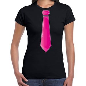 Bellatio Decorations Verkleed t-shirt voor dames - stropdas roze - zwart - carnaval - foute party XS