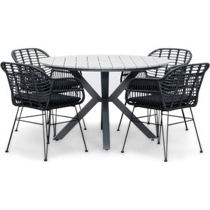 LUX outdoor living Cervo Grey/Napels dining tuinset 5-delig | polywood + wicker | 120cm rond | 4 personen