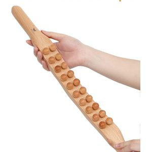 Houten Massage Stok XL | Voor Schouders, Rug, Nek, Benen, Armen, Taille en Buik | TheraCane | TherapieStok | Guasha Massage | Spierknopen Therapie | 20 Massageballen | Beige