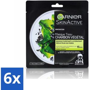 6 x Garnier - SkinActive - Tissue Masker - Charcoal - 1 Gezichtsmasker - Huid Masker - Houtskool Masker - Reinigende Masker - Hydraterend Masker - Poriën Vermindering