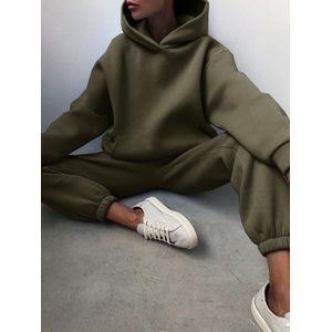 Comfortabel zacht huispak tweedelige set vrouwen trainingspak oversized pak broekpakken vrouwelijke sweatshirt effen Sport Hoodie sportkleding dames mode joggingpak 2022 Military Green Maat L