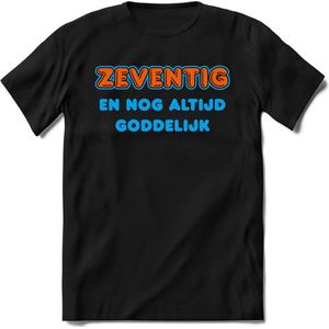 70 Jaar Goddelijk - Feest kado T-Shirt Heren / Dames - Blauw / Oranje - Perfect Verjaardag Cadeau Shirt - grappige Spreuken, Zinnen en Teksten. Maat 3XL