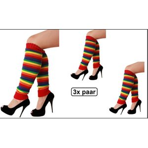 3x Paar Beenwarmers regenboog smalle strepen - carnaval thema feest party fun festival