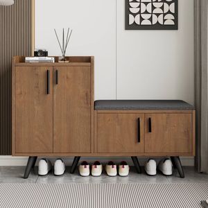 Sweiko Schoenenkast - 4 Deurs - Gestoffeerde Zitting - Asymmetrische Metalen Handgreep - 120*34*82cm - Bruin