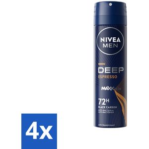 4 x NIVEA MEN - Deodorant Spray - Deep Espresso - 150 ml - Anti-transpirant Spray - Zweetbehandeling - Huidbescherming - Espresso Geur - Mannelijke Geur