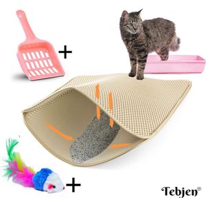 TEBJEN Kattenbakmat – Kattenbak Mat Grit Opvanger - Schoonloop Katten mat – Dubbele Waterdichte Laag – Uitloopmat Kattenbak – Kattenbak Accessoires - Met Speelgoedmuisje En Schepje - Licht Bruin - 45cm * 60cm