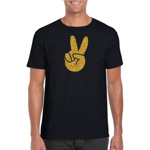 Zwart Flower Power t-shirt gouden glitter peace hand heren - Sixties/jaren 60 kleding S