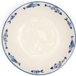 Riviera Maison Pasta bord rond, vissenprint Blauw, Wit - Como Catch Diep bord - Aardewerk