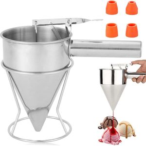 Roestvrij stalen Pannenkoekendeegdispenser 12 liter met standaardtrechter - deegportioneerder voor taart- en bakdispenser met 4 trechters - zuigertrechter en baktrechter - kookgerei voor thuisbakkerij .