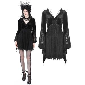 Dark in Love - Gothic sexy lace big sleeve fake two pcs velvet Korte jurk - L - Zwart