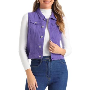 Dames jeansvest mouwloos met knoopsluiting denim vest in lichtpaars, maat S. Revers jas met zakken.
