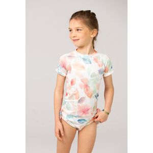 Ducksday - UV Zwemset - T-shirt korte mouw met omkeerbare bikinibroek - voor meisjes - UPF 50+ - Tweedelig - sneldrogend - Bliss - Bloemen Pastel Roze - Maat 98/104