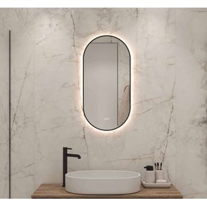 Ovale badkamerspiegel met indirecte verlichting, verwarming, touch sensor, kleurenwissel en mat zwart frame 40×80 cm