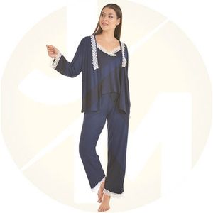 Dames nachtjapon | Tuniek van kant | Nachthemd voor dames | Dames pyjama | Cadeau voor dames | 4-delige set | kleur: marineblauw | maat L