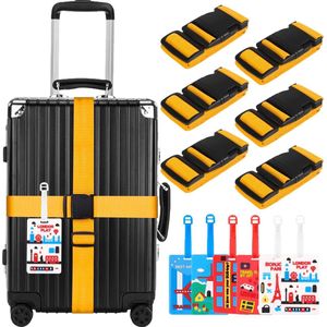 6-delige kofferriemset: kofferriem Bagageriem met 6 bagagelabels Bagageriemen voor tas Veilig reizen Verstelbare bagageriemen Opvallende bagageriem voor koffer (geel)