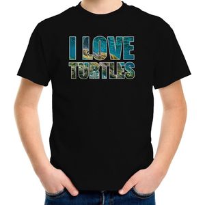 Tekst shirt I love turtles met dieren foto van een schildpad zwart voor kinderen - cadeau t-shirt zeeschildpadden liefhebber - kinderkleding / kleding 146/152