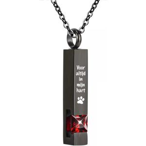 Luxe Ashanger | Met Ketting En Gravering | Voor Altijd In Mijn Hart | Assieraad | Zwart Met Rode Steen | As Ketting | Gedenksieraad | Urn | Incl. As vuller