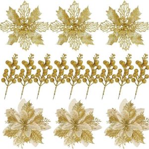 24 stuks glitter kunstmatige kerstster bloemen bessen stengels - kerstboom ornamenten set - kerst decoratie slinger krans DIY Craft