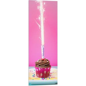 Vlag - Verjaardagscupcake met Chocolade Topping en Fontein - 30x90 cm Foto op Polyester Vlag