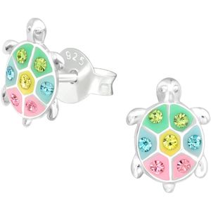 Joy|S - Zilveren schildpad oorbellen - 6 x 9 mm - kristal multicolor - kinderoorbellen