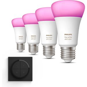 Philips Hue Uitbreidingspakket - E27 - met 4 Standaard Lampen - Wit en Gekleurd Licht - Incl. 1 Hue Dial Switch (Zwart) - Hue White and Color Ambiance