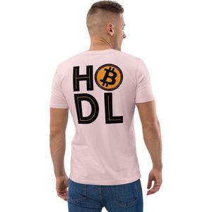 Bitcoin T-shirt - HODL - Rug Print - Unisex - 100% Biologisch Katoen - Kleur Roze - Maat XL | Bitcoin cadeau| Crypto cadeau| Bitcoin T-shirt| Crypto T-shirt| Crypto Shirt| Bitcoin Shirt| Bitcoin Merch| Crypto Merch| Bitcoin Kleding