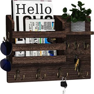 Multifunctionele Houten Wandorganizer met 13 Haken -Sleutelrek met plank- Sleutelkast-Compact en Landelijk -34 x 22 cm -bruin