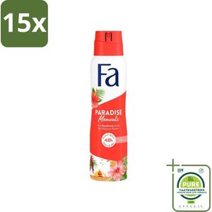 15 x Fa - Paradise Moments - Deodorant Spray - Hibiscusbloem - 150 ml - Grootverpakking - Deodorant - Anti-vlekken Deodorant - Hibiscusgeur - Fa Paradise Moments - Deodorant Spray