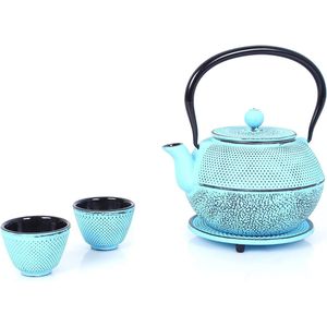 Gietijzeren theeservies, theepot 1,1 liter met verwijderbare zeef, theemaker met onderzetter, vintage design theepotset voor het maken van losse thee, lichtblauw