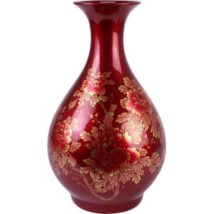 Fine Asianliving Chinese Vaas Porselein Rood Goud Pioenen Handgemaakt - Aurore D22xH37cm