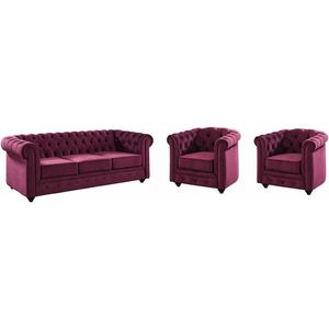 Vente-unique Driezitsbank en 2 fauteuils CHESTERFIELD - velours - paars