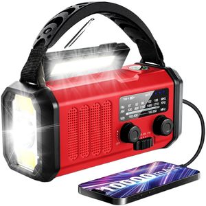 Noodradio - Solar Opwindbaar 10.000mAh - MODEL 2025 - Solar powerbank Zonneenergie - Survival Noodpakket - Zaklamp Oplaadbaar - Noodpakket – Noodrantsoen - Rood