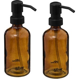 Five Zeeppompjes/zeepdispensers van glas - 2x stuks - bruin - 250 ml