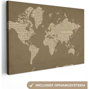 Canvas Wereldkaart - 150x100 - Wanddecoratie Wereldkaart - Boek - Bruin